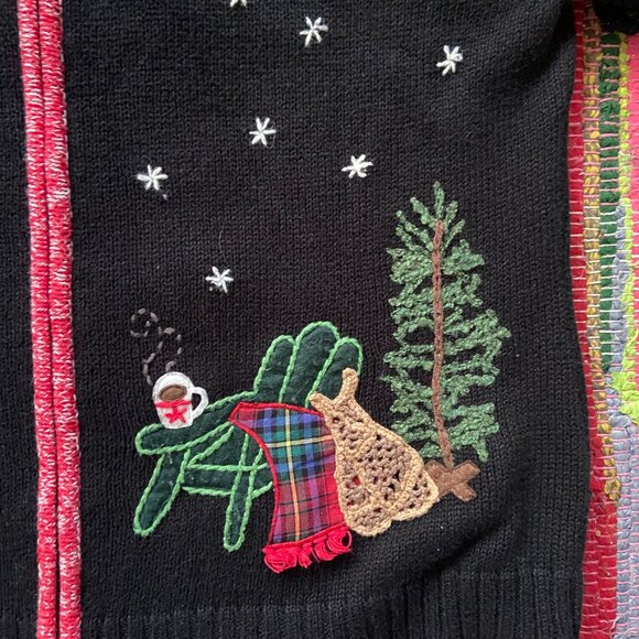 Coldwater Creek Women's Zip Up XL Christmas Sweater, Skiing, Trees, Woody Wagon, - Picture 4 of 11